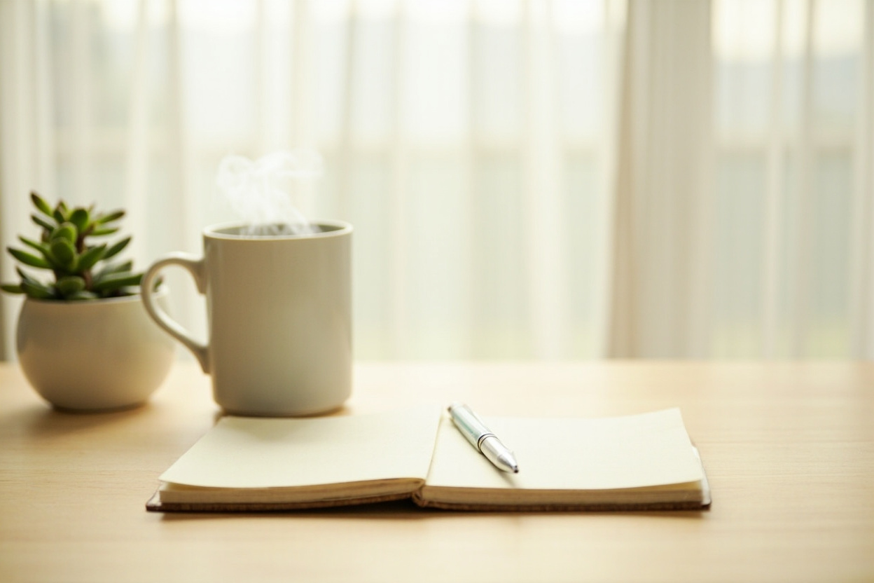 A calm workspace with notebook and coffee — a place to work things out
